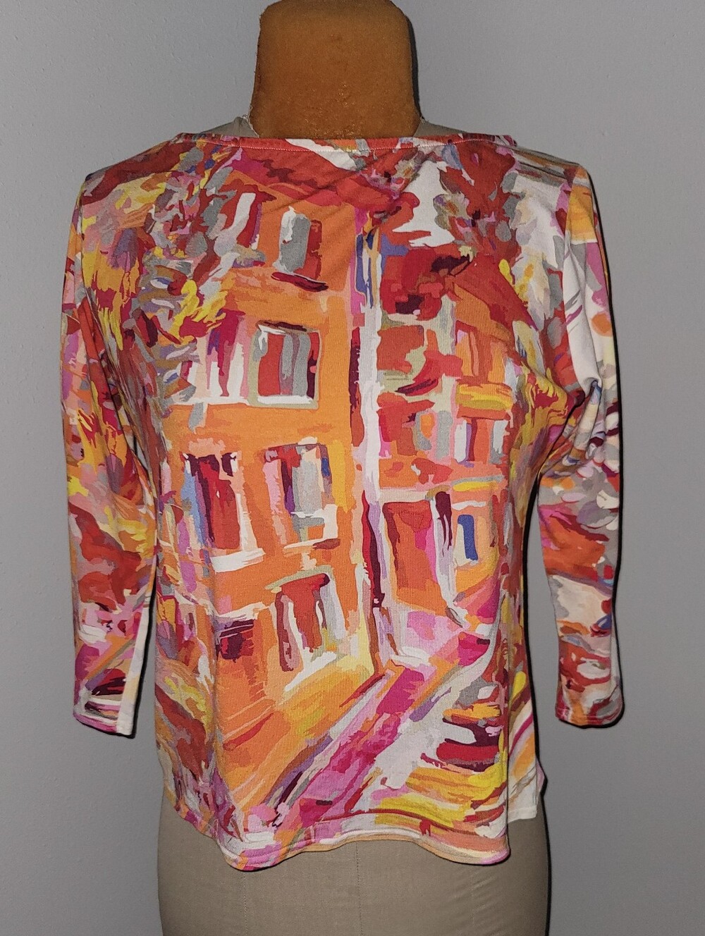 Peck & Peck Vivid Painterly Brushstroke 3/4 Sleeve Top In Multi-color